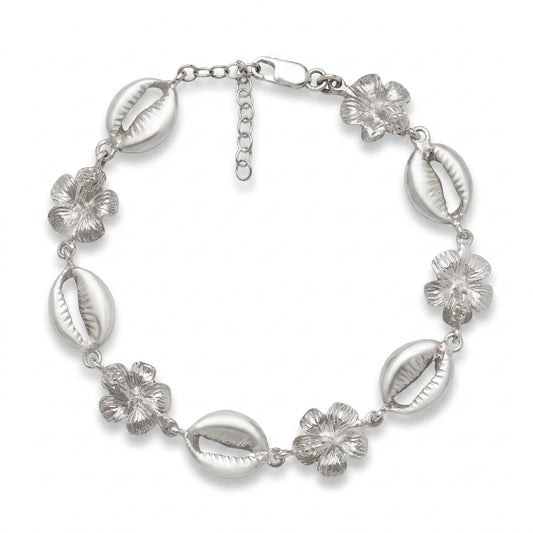 Hibiscus Flower and Cowrie Shell .925 Sterling Silver Adjustable Link Bracelet
