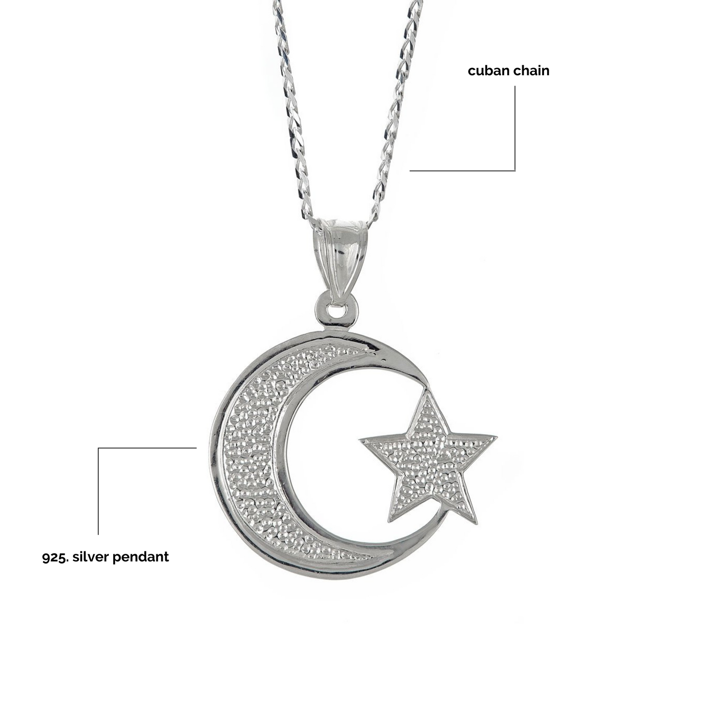 Better Jewelry Sterling Silver .925  Muslim / Islam Crescent Moon + Star Pendant w. Cuban Chain (Made in USA)