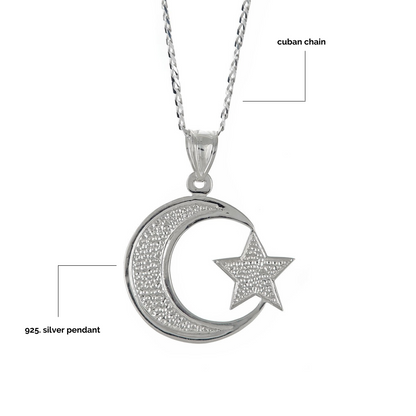 Better Jewelry Sterling Silver .925  Muslim / Islam Crescent Moon + Star Pendant w. Cuban Chain (Made in USA)