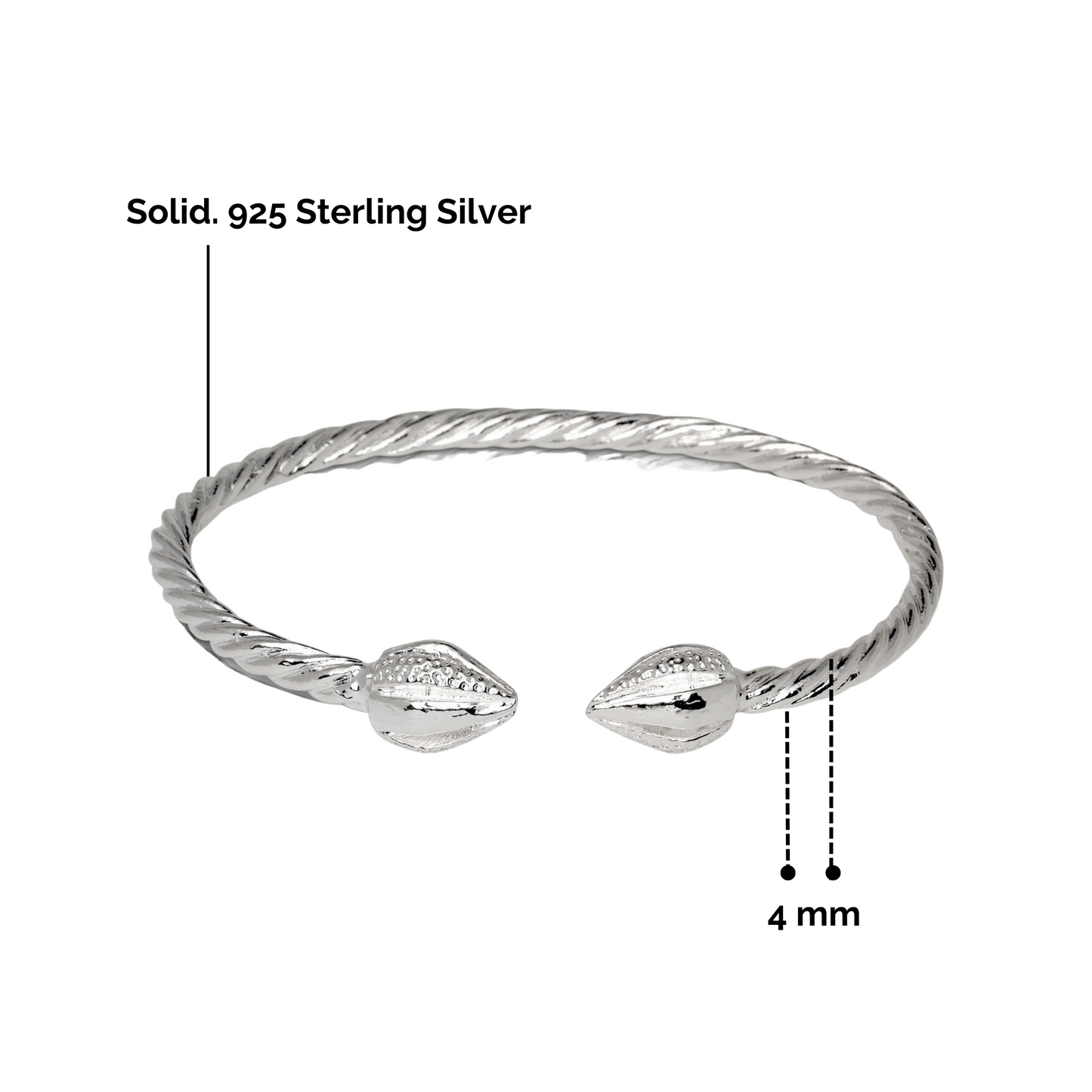 Better Jewelry Cocoa Pod Ends Coiled Rope West Indian Bangle .925 Sterling Silver, 1 piece