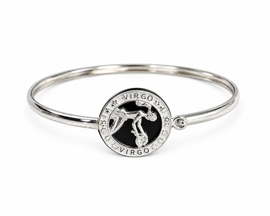 12 Zodiac Signs Bracelet Bangle – 925 Sterling Silver Black Onyx-Style Astrology