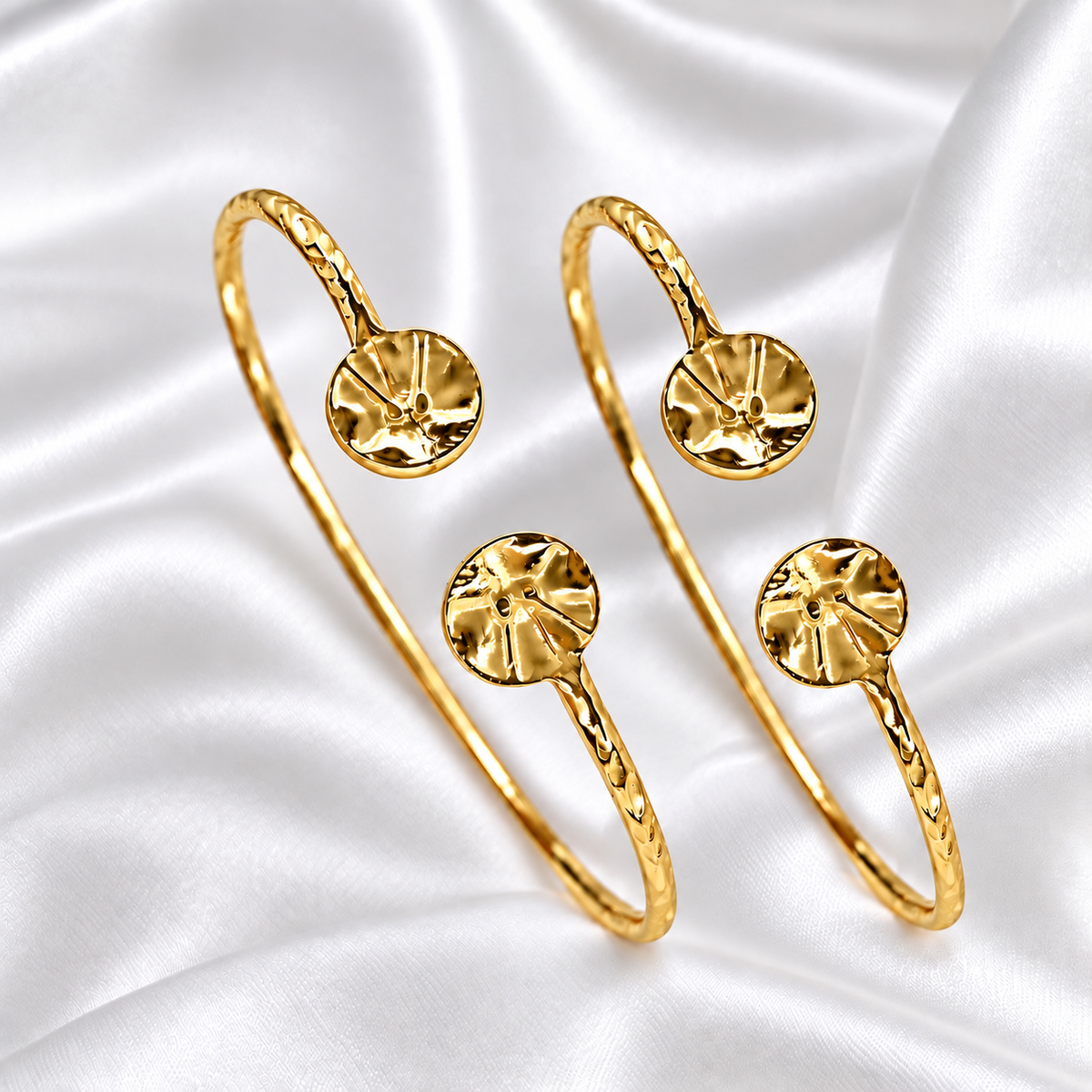 Better Jewelry Solid .925 Sterling Silver Drum Ends West Indian Bangles Plated with 14K Gold (PAIR)