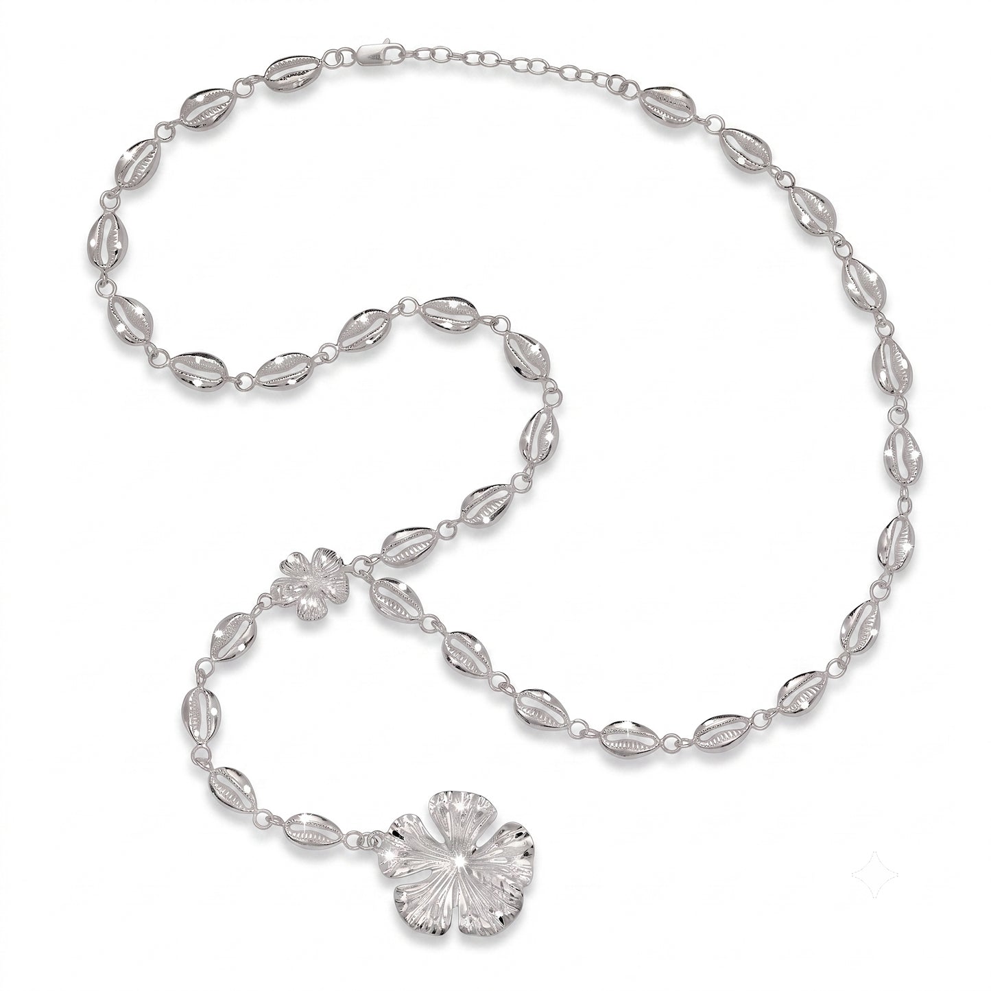 Cowrie Shell & Hibiscus .925 Sterling Silver Necklace Y-Shaped