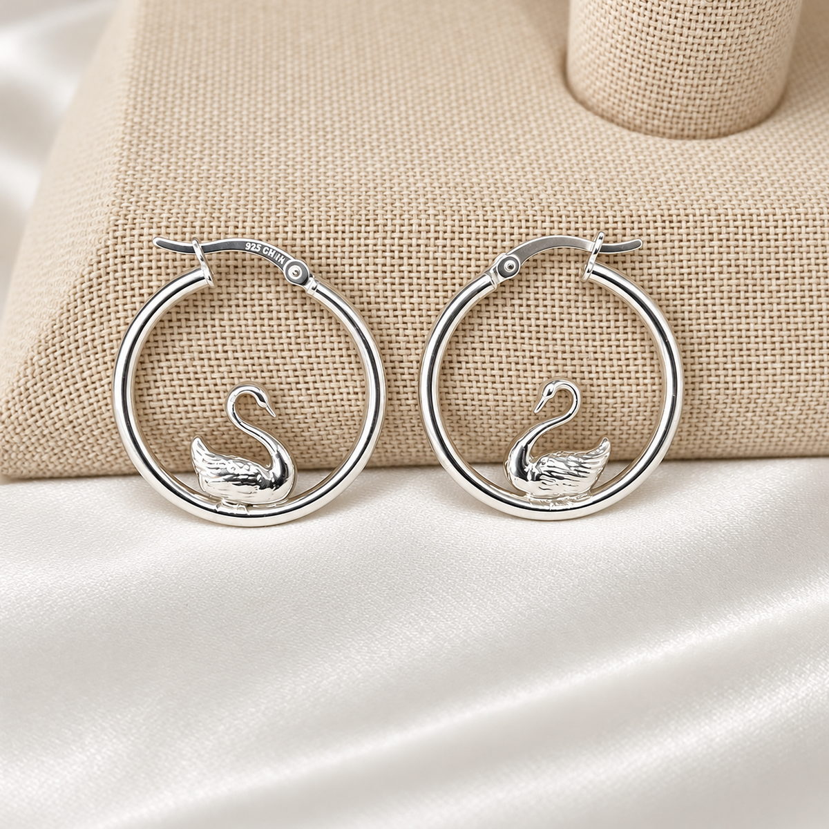 Swan .925 Sterling Silver Hoop Earrings