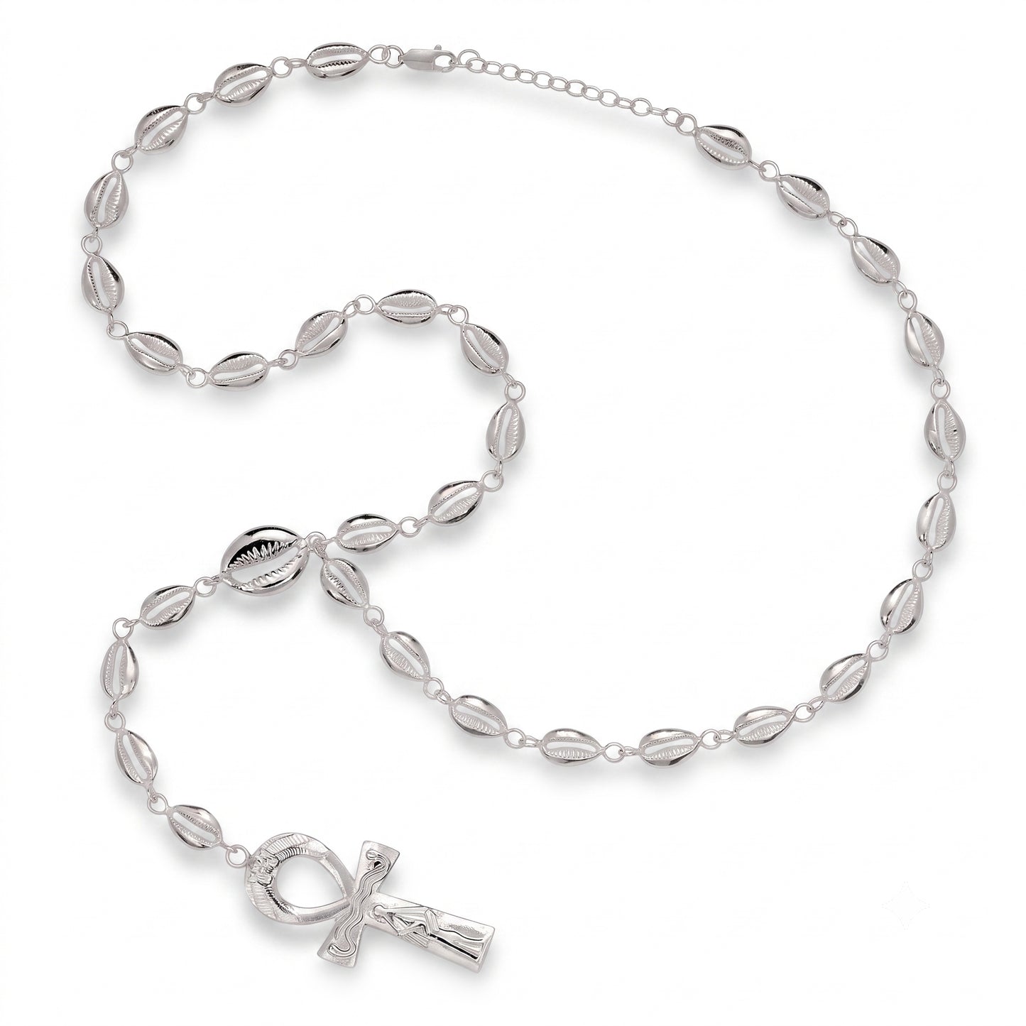 Cowrie Shell & Ankh Y .925 Sterling Silver Necklace Y-Shaped