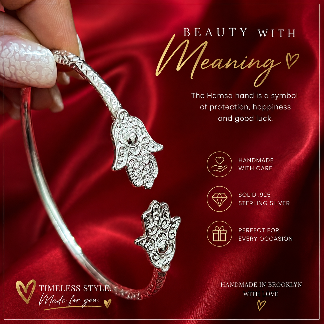 Hamsa Ends Solid .925 Sterling Silver Bangle, 1 piece