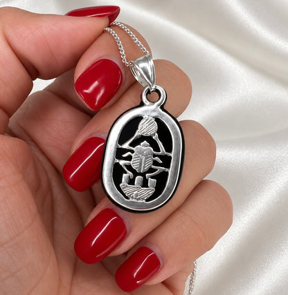 Sterling Silver Egyptian Scarab Pendant with Black Inlay