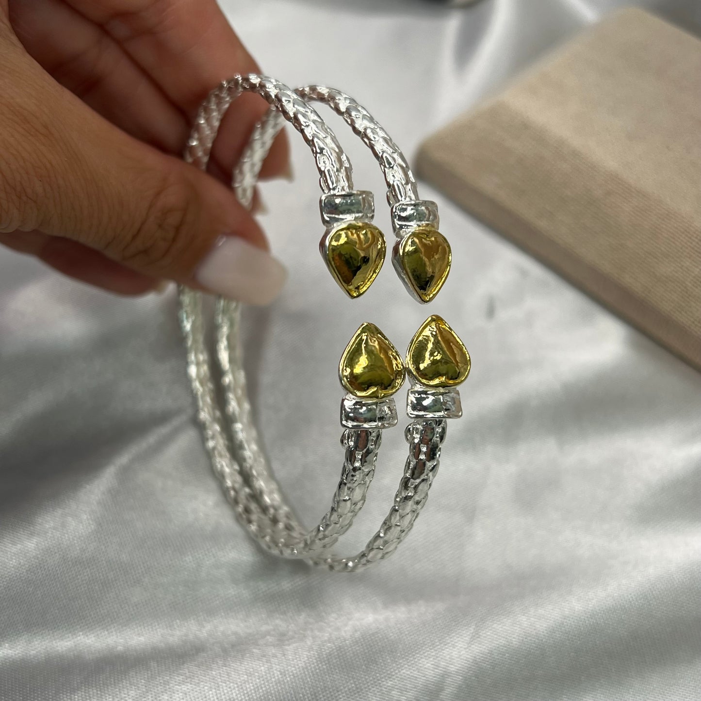 14k Yellow Gold Plated Heart Ends .925 Sterling Silver West Indian Bangles, 1 pair