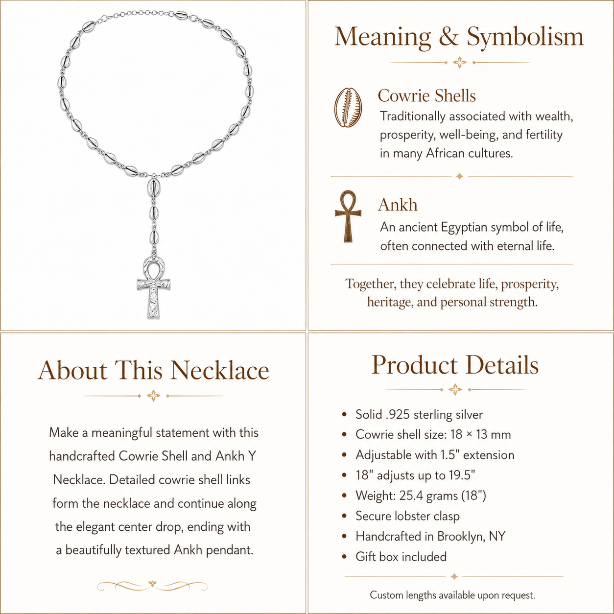 Cowrie Shell & Ankh Y .925 Sterling Silver Necklace Y-Shaped