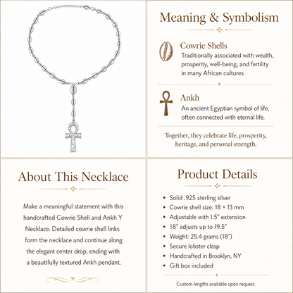 Cowrie Shell & Ankh Y .925 Sterling Silver Necklace Y-Shaped