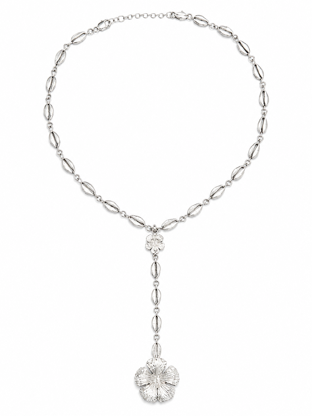 Cowrie Shell & Hibiscus .925 Sterling Silver Necklace Y-Shaped