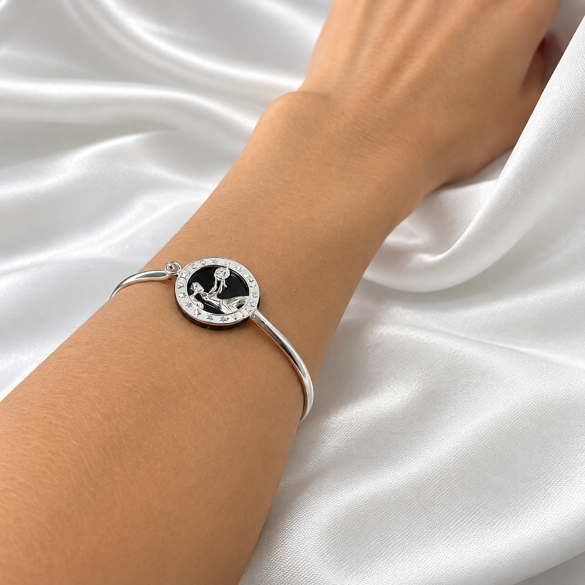 12 Zodiac Signs Bracelet Bangle – 925 Sterling Silver Black Onyx-Style Astrology