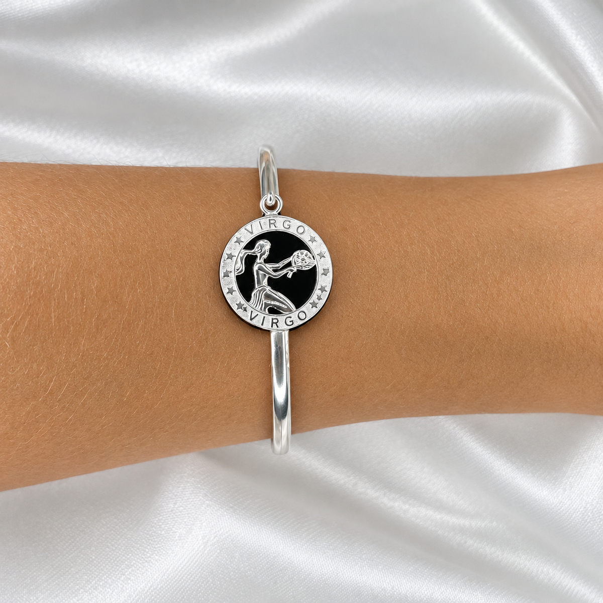 12 Zodiac Signs Bracelet Bangle – 925 Sterling Silver Black Onyx-Style Astrology