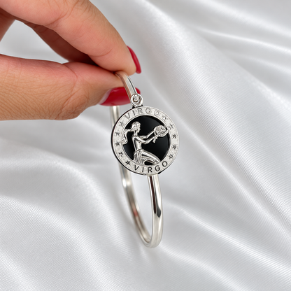 12 Zodiac Signs Bracelet Bangle – 925 Sterling Silver Black Onyx-Style Astrology