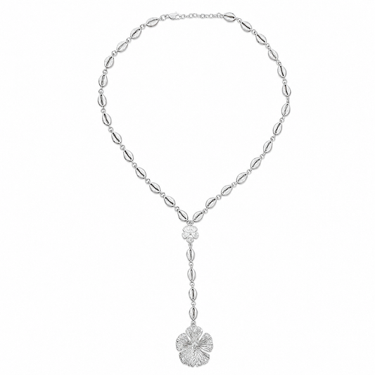 Cowrie Shell & Hibiscus .925 Sterling Silver Necklace Y-Shaped