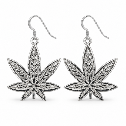Cannabis Leaf Dangle Earrings – .925 Sterling Silver Marijuana Leaf Jewelry