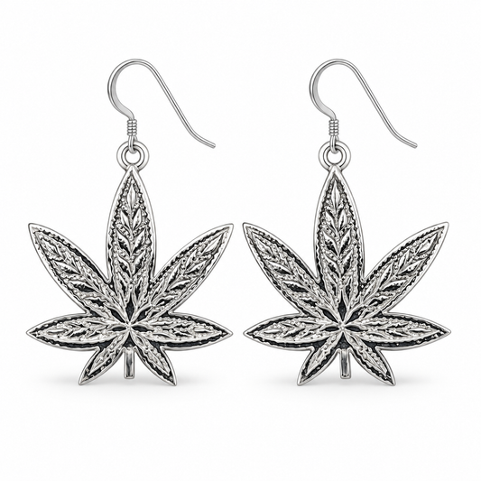 Cannabis Leaf Dangle Earrings – .925 Sterling Silver Marijuana Leaf Jewelry