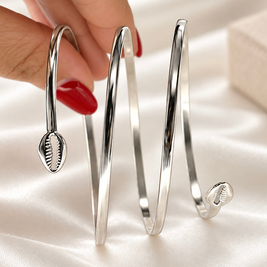 Sterling Silver Cowrie Shell Spiral Cuff Bracelet