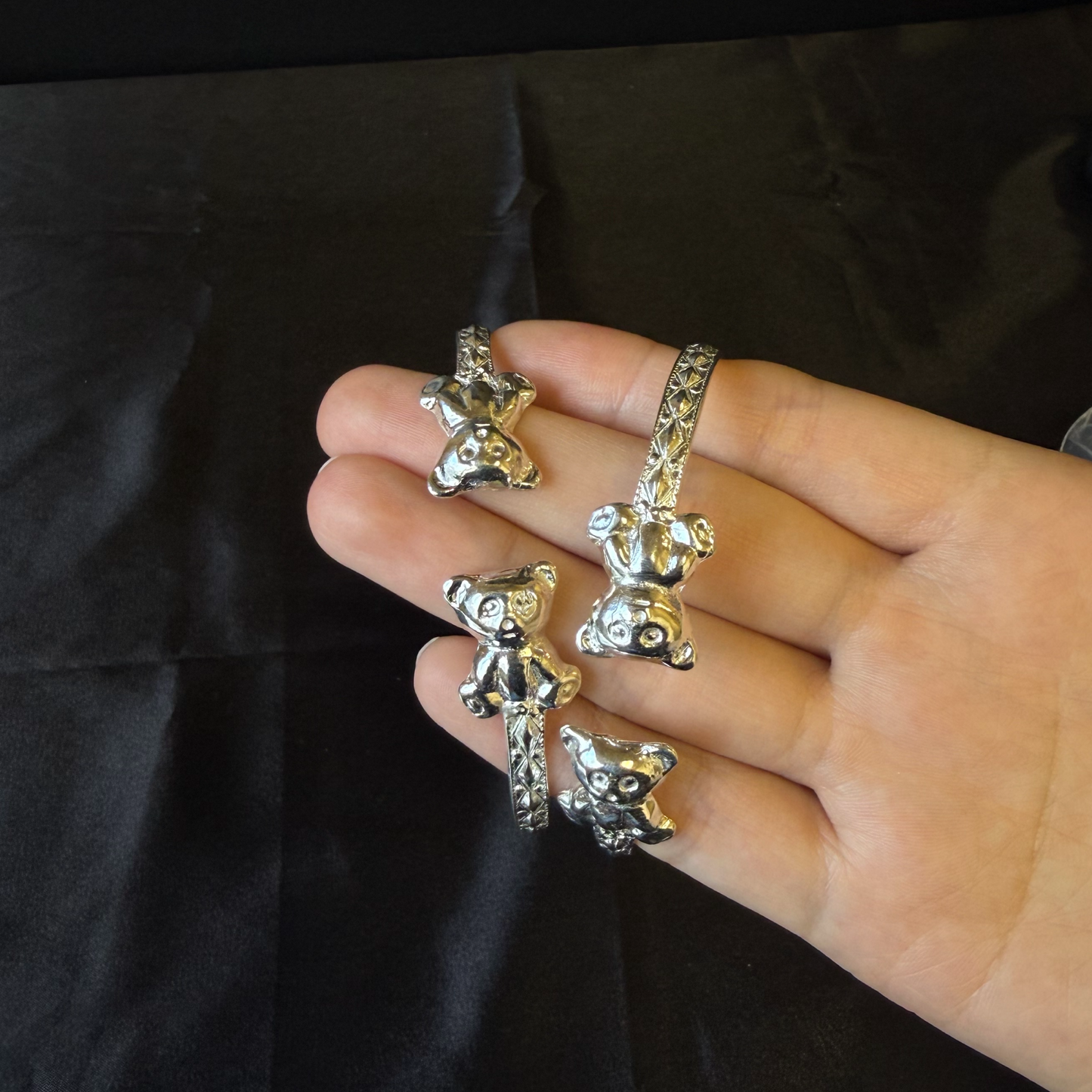 Teddy Bear .925 Sterling Silver Flat West Indian Bangles, 1 pair