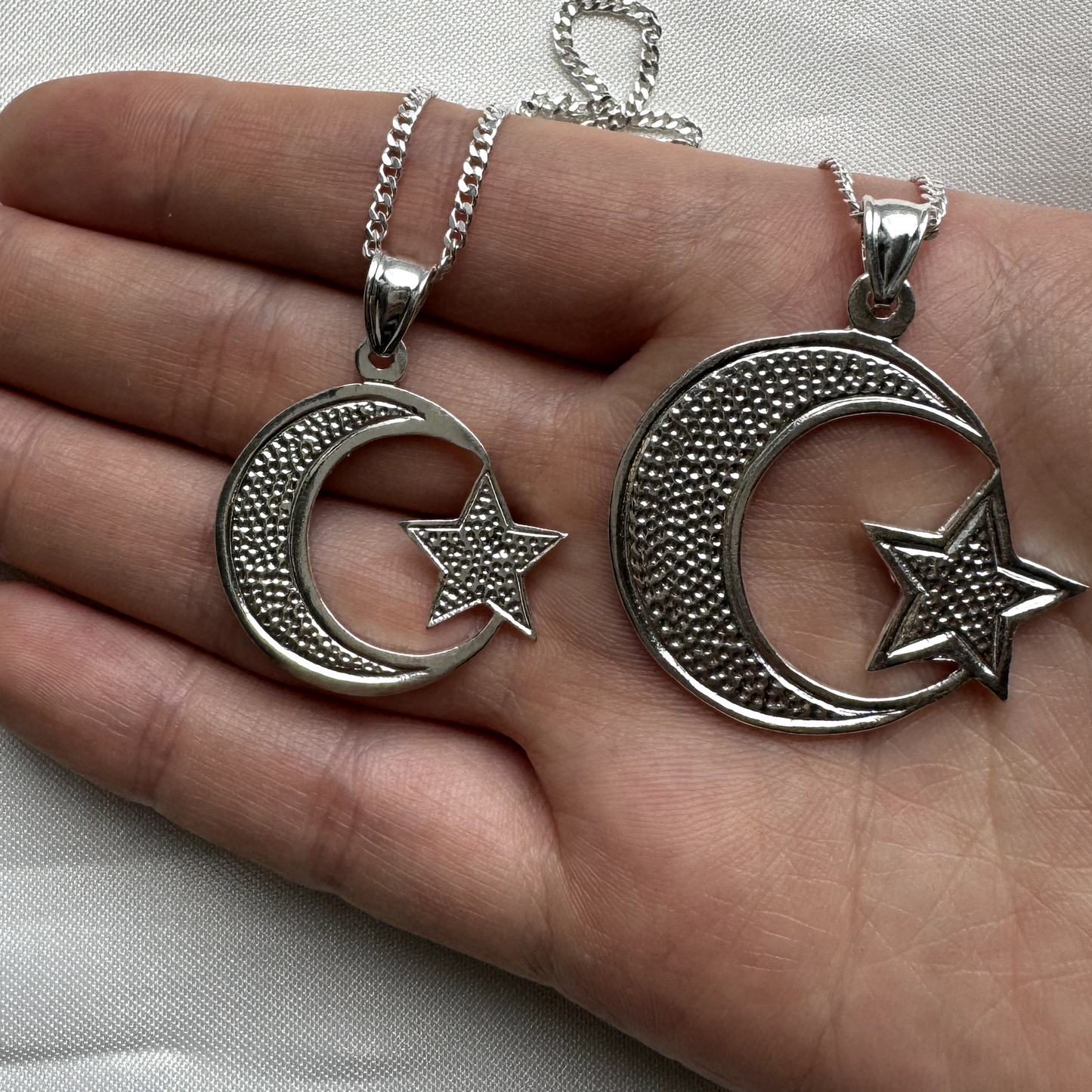 Better Jewelry Sterling Silver .925  Muslim / Islam Crescent Moon + Star Pendant w. Cuban Chain (Made in USA)