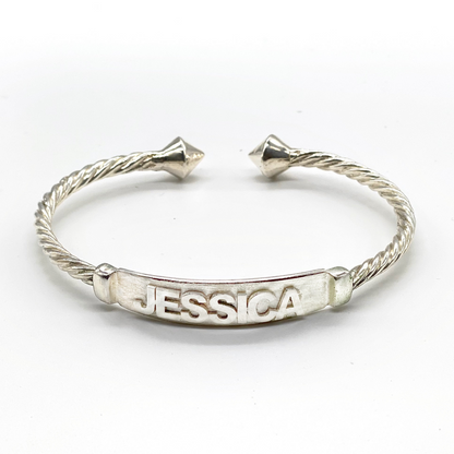 Better Jewelry Personalized .925 Sterling Silver Nameplate Coiled Rope Bangle w. Thick Pyramid Ends (Made in USA)