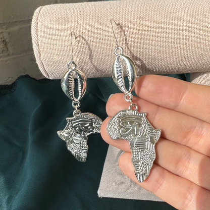 African Map .925 Sterling Silver Earrings with Cowrie Shells