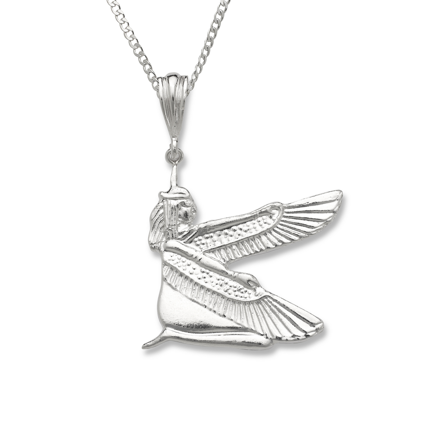 Handmade 925 sterling silver Egyptian Goddess Isis pendant with outstretched wings, available with optional Cuban chain.