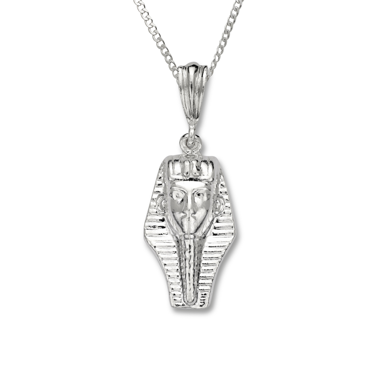 Handmade 925 sterling silver Pharaoh head pendant with detailed design, available with optional Cuban chain.