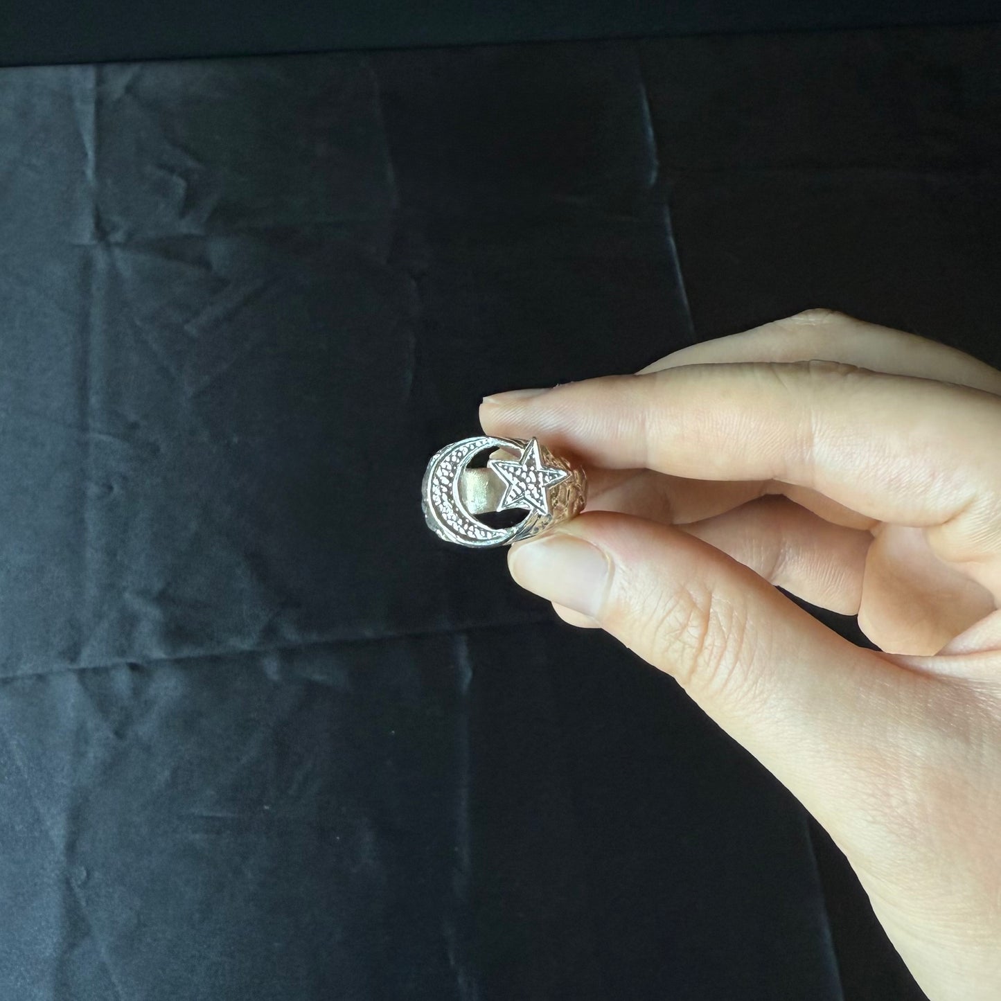 Muslim / Islamic Crescent Moon & Star .925 Sterling Silver Men's Ring