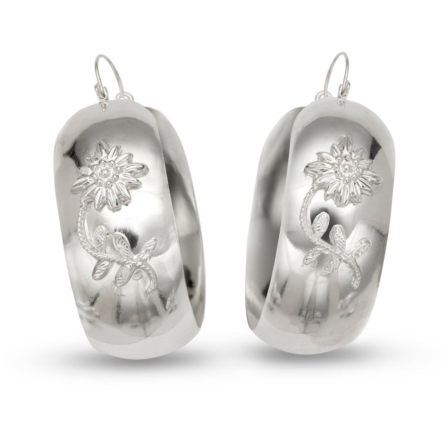 Daisy Flower Wide Solid .925 Sterling Silver Huggie Earrings