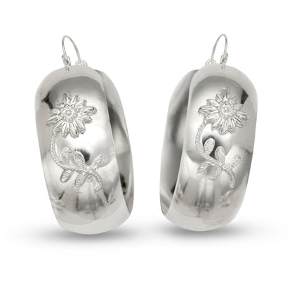 Daisy Flower Wide Solid .925 Sterling Silver Huggie Earrings