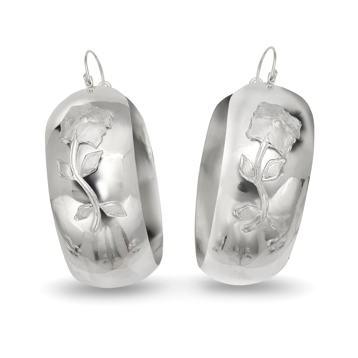 Daisy Flower Wide Solid .925 Sterling Silver Huggie Earrings