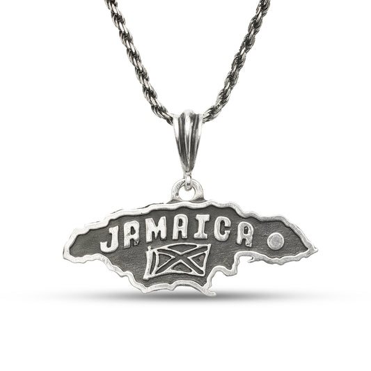 Better Jewelry .925 Sterling Silver Black Oxidised Jamaica Map Pendant Necklace w. Rope chain