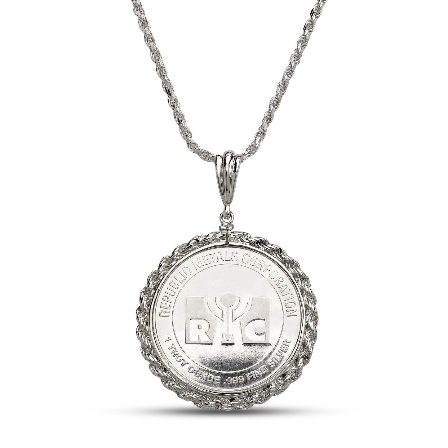 .999 Fine Pure Silver Coin with .925 Solid Sterling Silver Pendant Bezel Frame on Silver Rope Chain or Without Chain