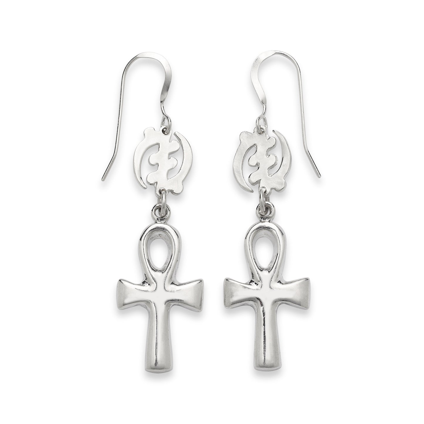 Solid .925 Sterling Silver Ankh Cross Gye Nyame Adinkra Earrings