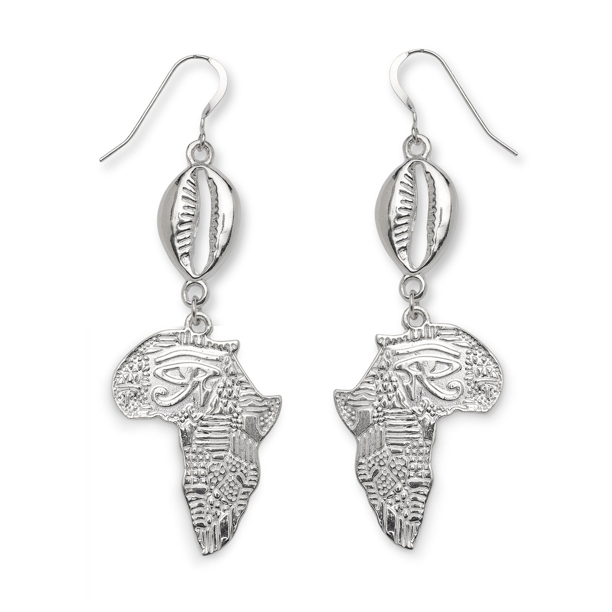 African Map .925 sterling silver earrings with cowrie shell, handmade cultural jewelry, bold statement earrings.