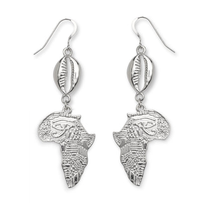 African Map .925 sterling silver earrings with cowrie shell, handmade cultural jewelry, bold statement earrings.