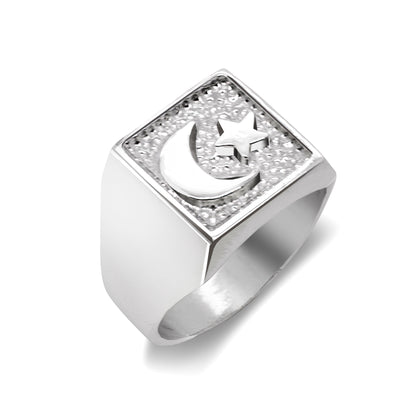 Muslim / Islamic Crescent Moon & Star .925 Sterling Silver Square Signet Ring
