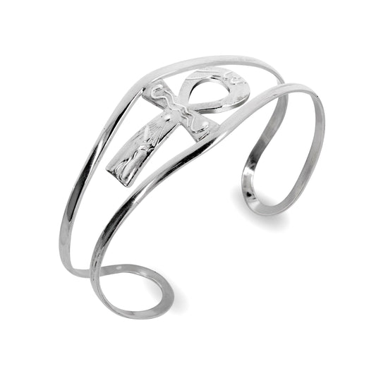 Ankh 925 Sterling Silver Cuff Bracelet, Adjustable Bangle