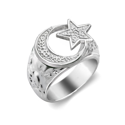 Muslim / Islamic Crescent Moon & Star .925 Sterling Silver Men's Ring
