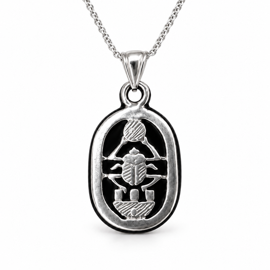 Sterling Silver Egyptian Scarab Pendant with Black Inlay