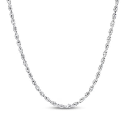 Silver rope chain necklace on a white background