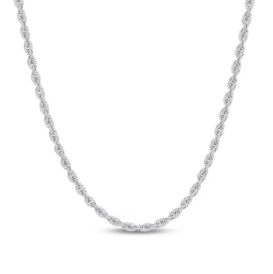 Silver rope chain necklace on a white background