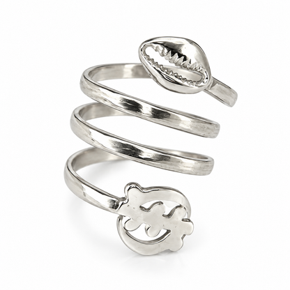 Gye Nyame & Cowrie Shell Spiral Wrap Ring – .925 Sterling Silver