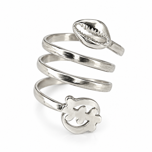 Gye Nyame & Cowrie Shell Spiral Wrap Ring – .925 Sterling Silver