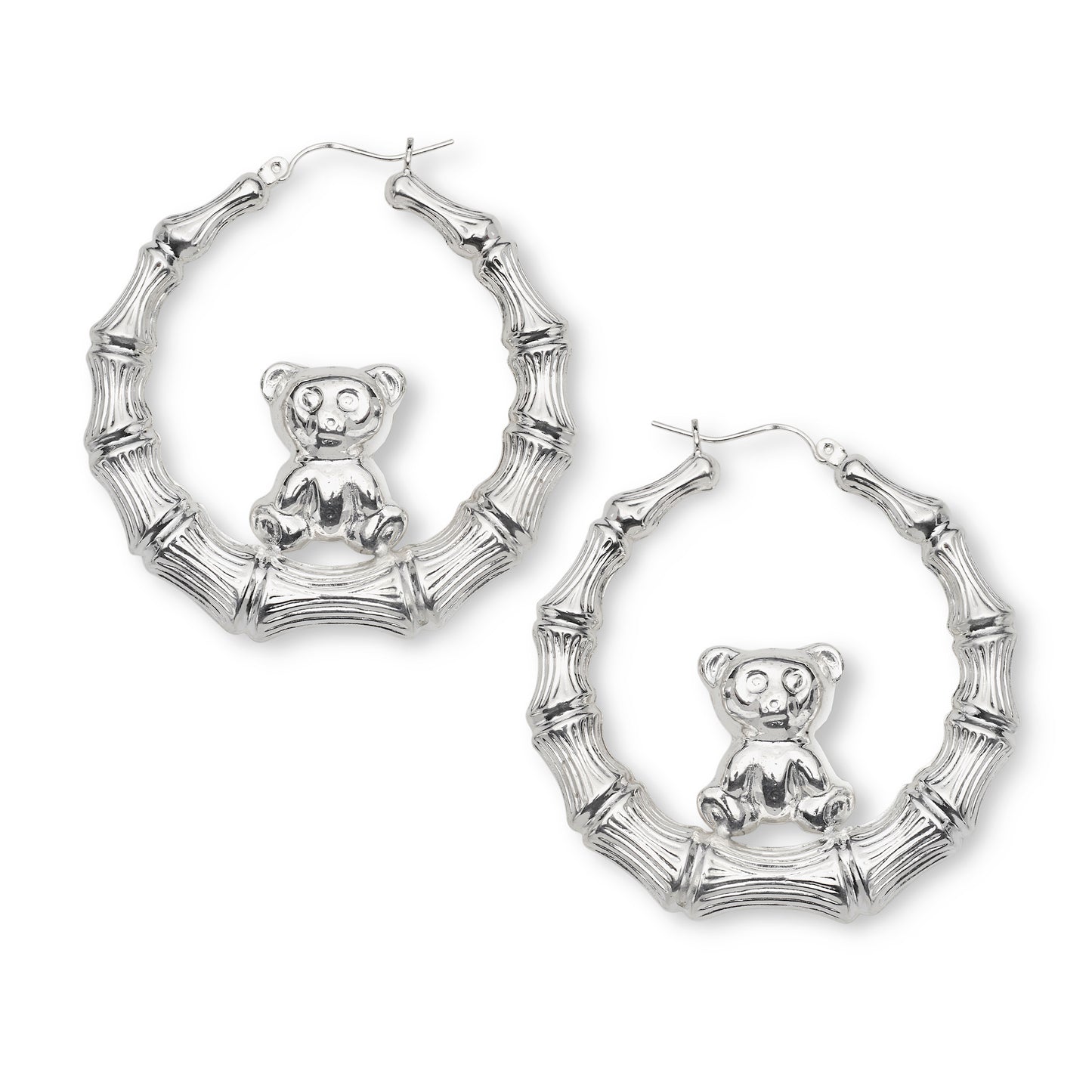 Teddy Bear 925 Sterling Silver Bamboo Hoop Earrings