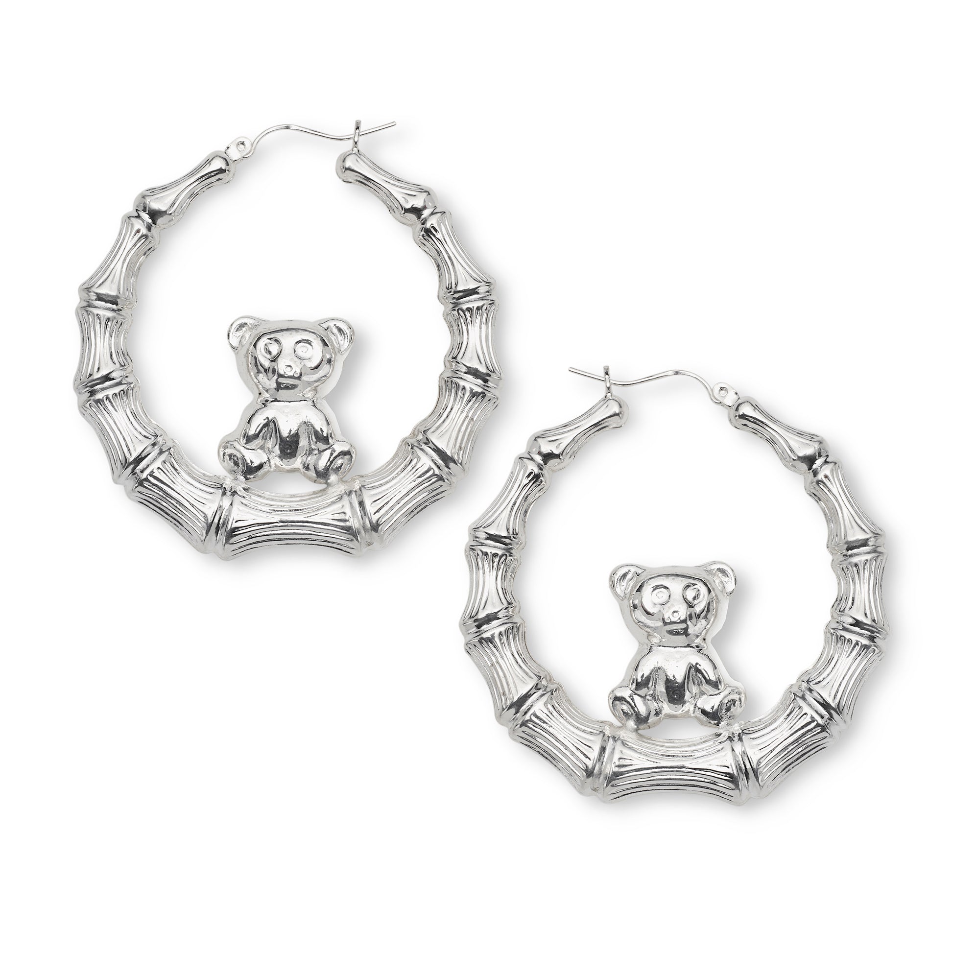 Teddy Bear 925 Sterling Silver Bamboo Hoop Earrings
