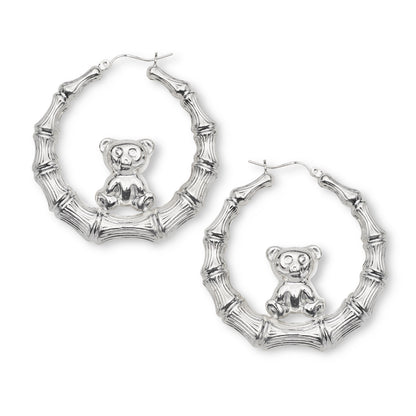 Teddy Bear 925 Sterling Silver Bamboo Hoop Earrings