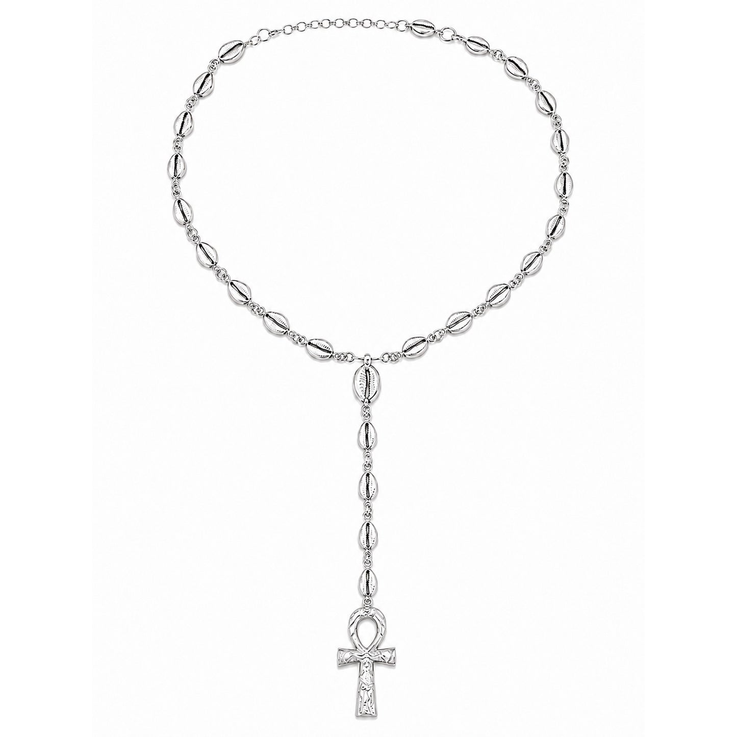 Cowrie Shell & Ankh Y .925 Sterling Silver Necklace Y-Shaped