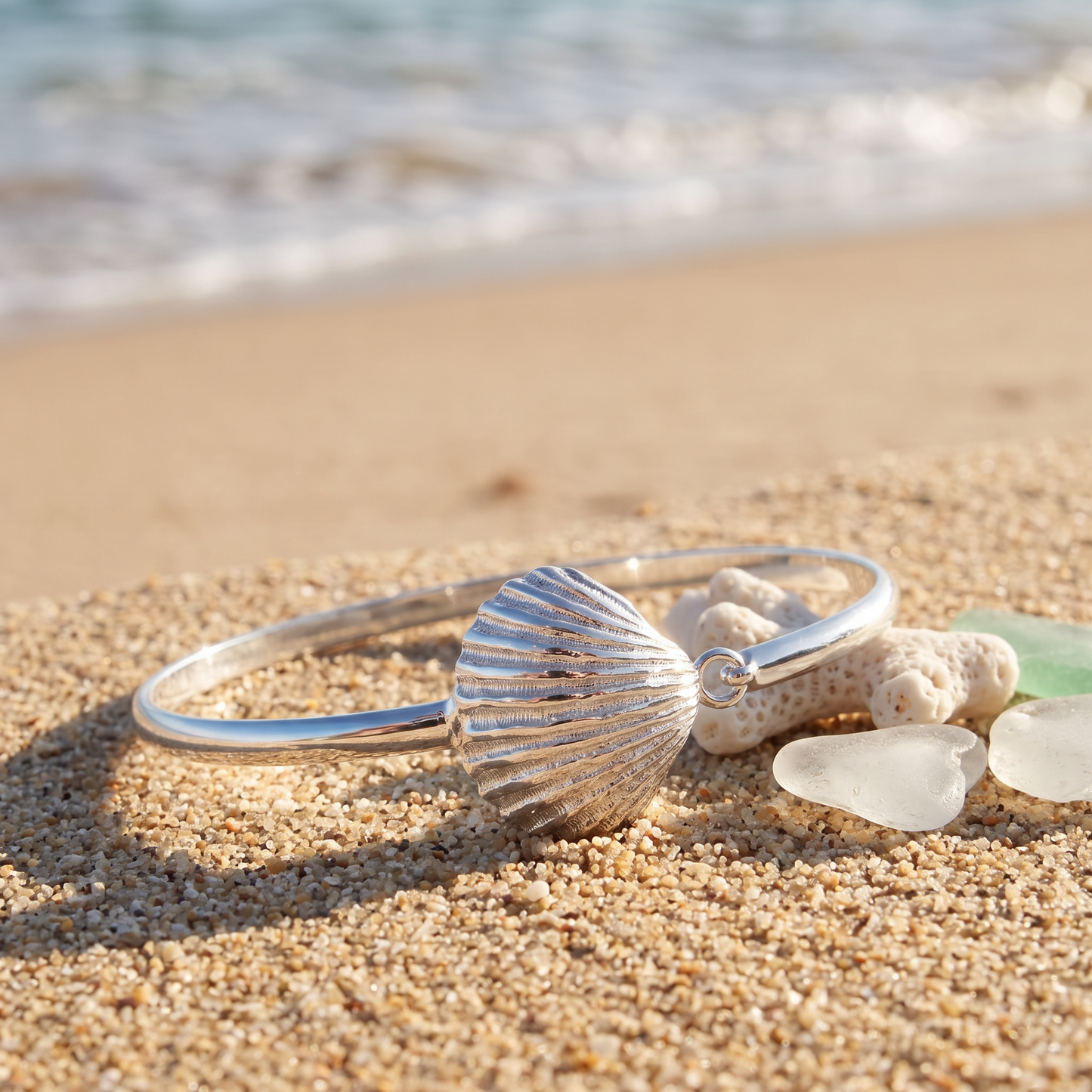 Scallop Sea Shell .925 Sterling Silver Hook Bangle, 1 piece